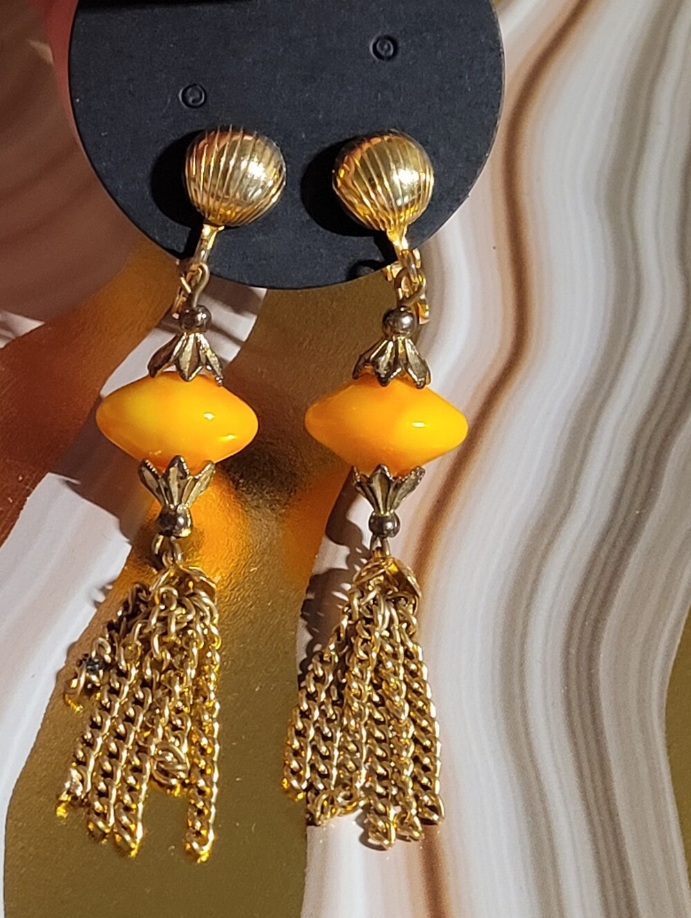 Vintage Gold-Tone Yellow Orange Bead Tassel Drop Earrings